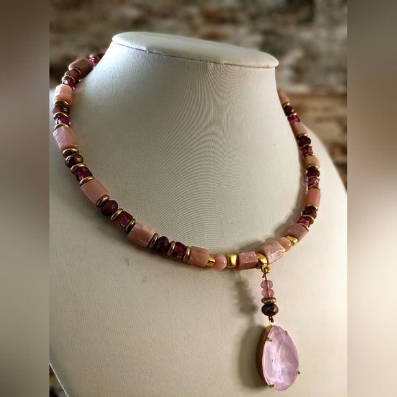 Natural Genuine Pink Opal & Pink Glass in GP Necklace w/ Powder Pink Crystal - Picture 4 of 10
